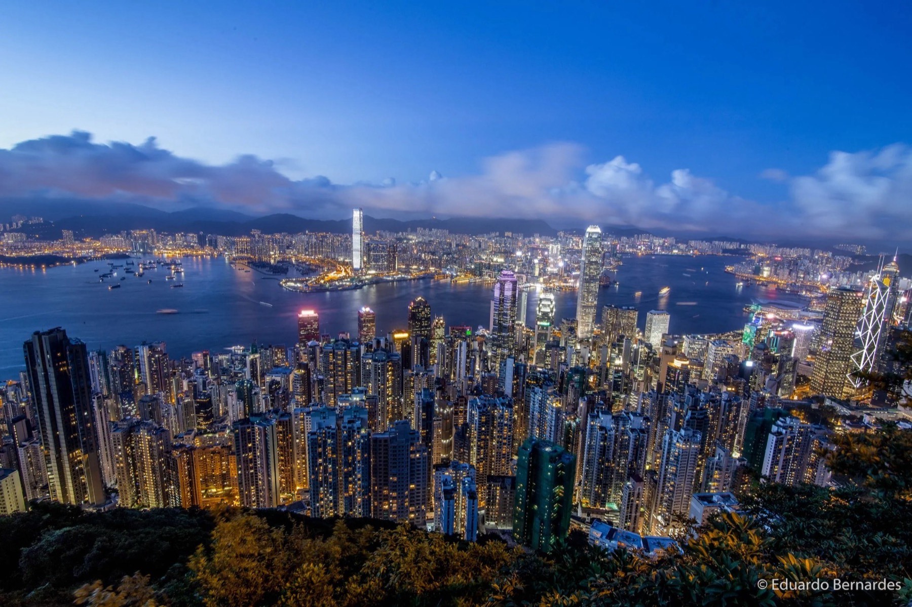 Victoria Harbour and the Hong Kong Island skyline at dusk